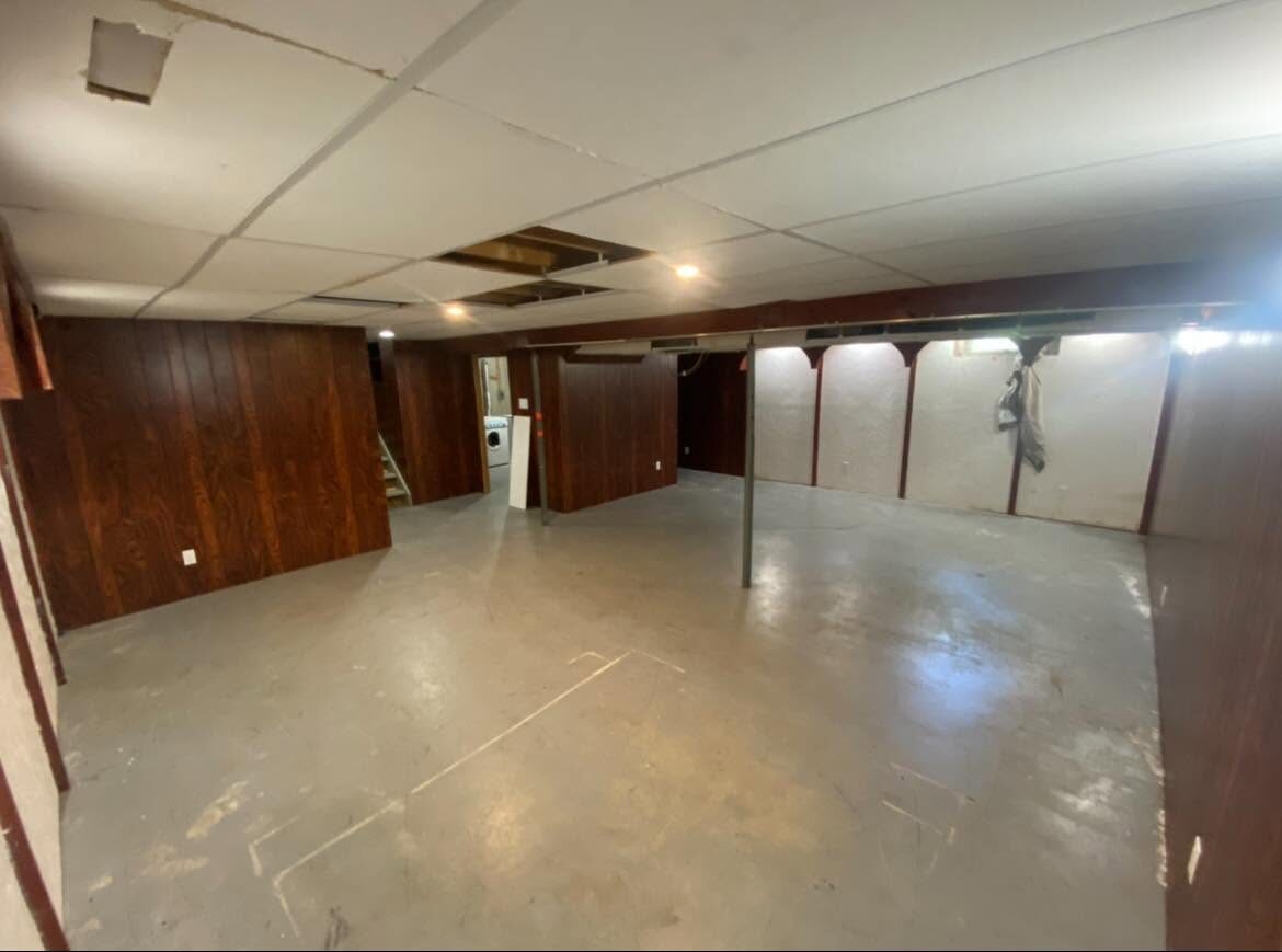 Basement before renovation — bare concrete and old panelling